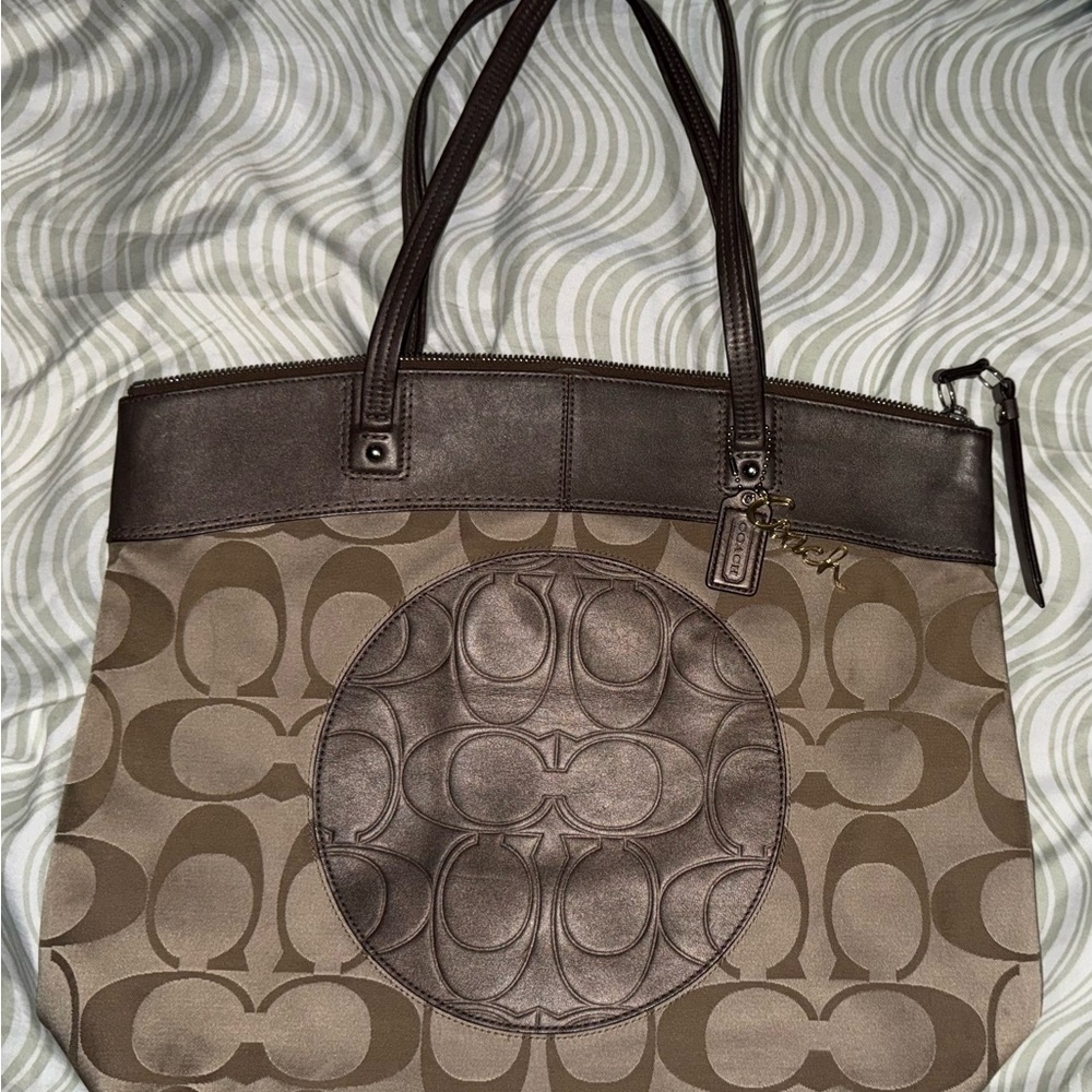 Coach Brown Signature Canvas Tote with Dark Brown Leather Trim